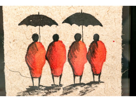 Set Of Two Oil On Mulberry Paper Paintings, Figures In Traditional Attire With Umbrellas