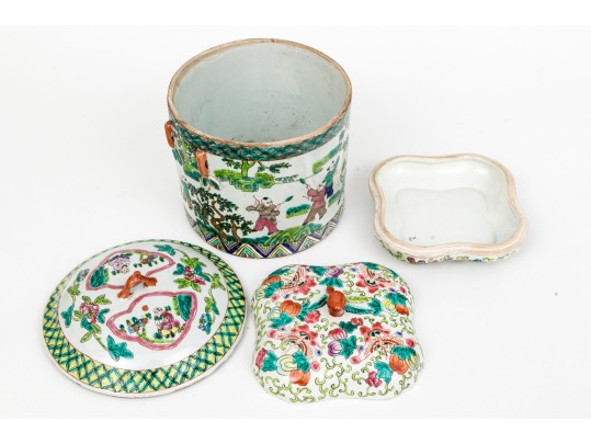 Two Vintage Chinese Enameled Porcelain Lidded Vessels
