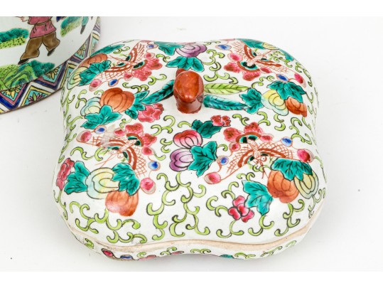 Two Vintage Chinese Enameled Porcelain Lidded Vessels