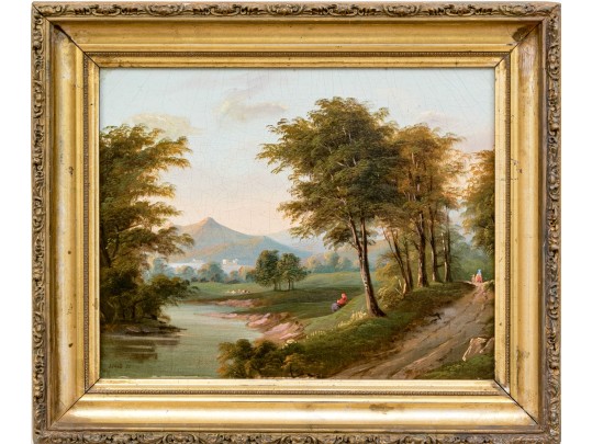 Signed Oil On Board, Figural Landscape Scene 