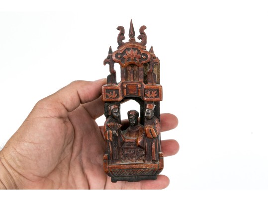 Semi-Antique Chinese Wood Carved Altar Shrine With Seated Official And Attendants