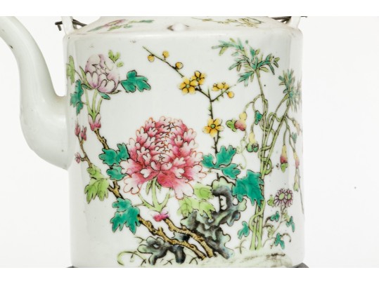 19th C. Chinese Famille Rose Porcelain Lidded Teapot On Wood Stand