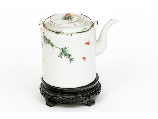 19th C. Chinese Famille Rose Porcelain Lidded Teapot On Wood Stand