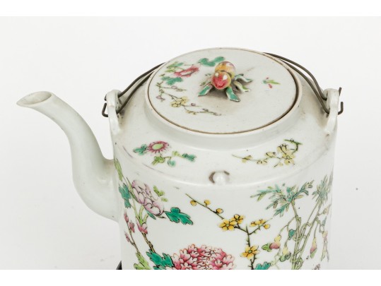 19th C. Chinese Famille Rose Porcelain Lidded Teapot On Wood Stand