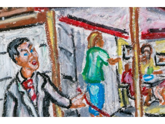 Peter Zonis (American, B. 1958) Oil Pastel On Paper, New York Figural Street Scene With Coffee Shop