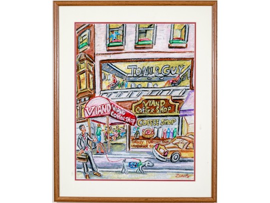 Peter Zonis (American, B. 1958) Oil Pastel On Paper, New York Figural Street Scene With Coffee Shop