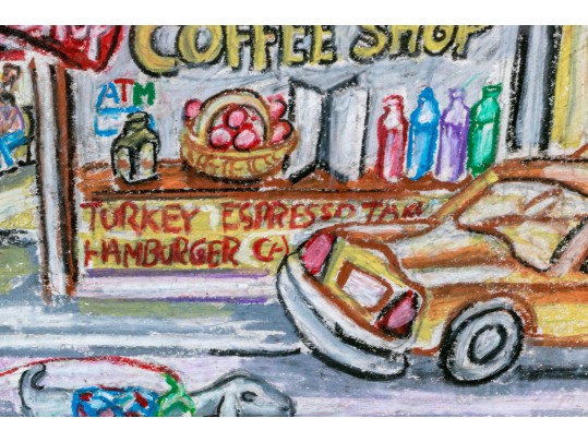 Peter Zonis (American, B. 1958) Oil Pastel On Paper, New York Figural Street Scene With Coffee Shop
