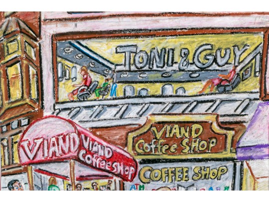 Peter Zonis (American, B. 1958) Oil Pastel On Paper, New York Figural Street Scene With Coffee Shop