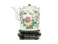 19th C. Chinese Famille Rose Porcelain Lidded Teapot On Wood Stand