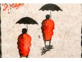 Set Of Two Oil On Mulberry Paper Paintings, Figures In Traditional Attire With Umbrellas