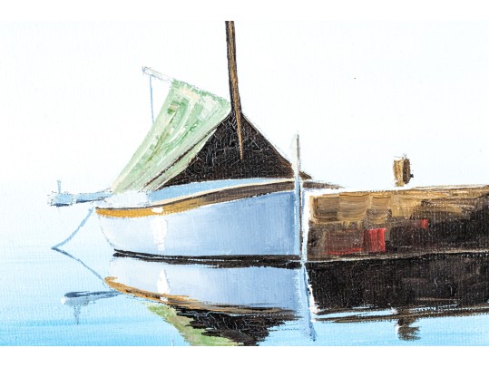 Signed Oil On Canvas, Sailboat At A Dock