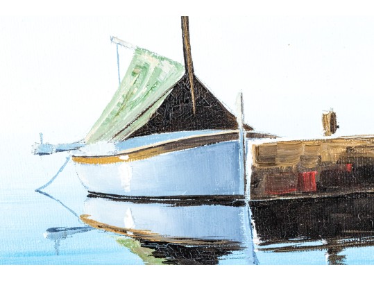 Signed Oil On Canvas, Sailboat At A Dock
