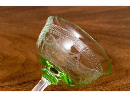 Set Of Seven Vintage Vaseline Green Glass Coupes