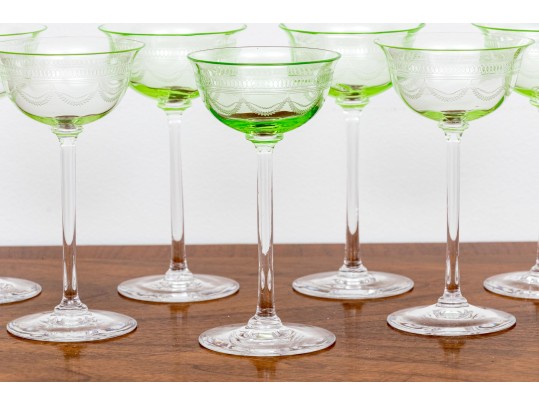 Set Of Seven Vintage Vaseline Green Glass Coupes