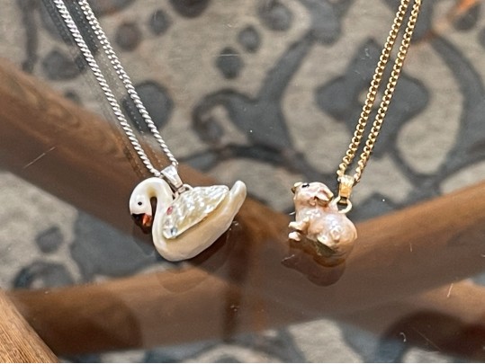 Arora Enameled Swan & Pig Form Boxes With Necklaces