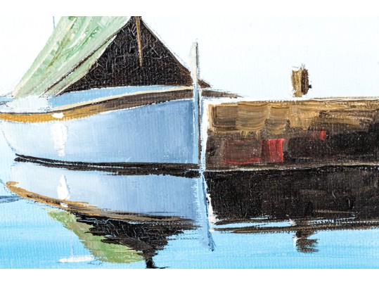 Signed Oil On Canvas, Sailboat At A Dock