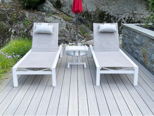 Pair Of Life Brand Outdoor Chaise Lounges With Tray Top Table