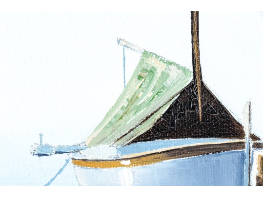Signed Oil On Canvas, Sailboat At A Dock