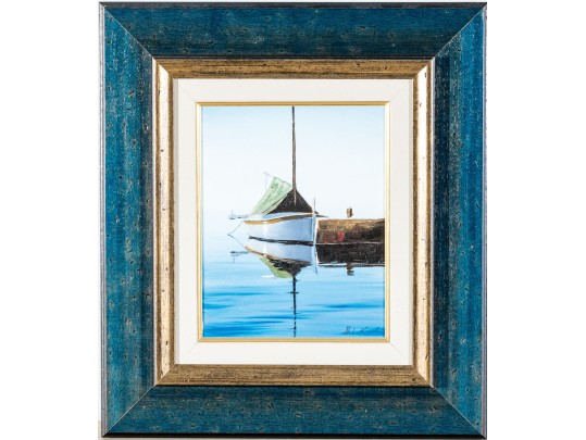 Signed Oil On Canvas, Sailboat At A Dock