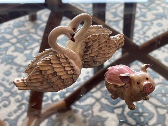 Arora Enameled Swan & Pig Form Boxes With Necklaces