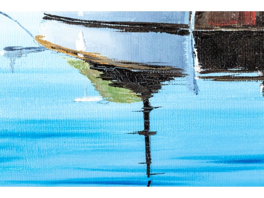 Signed Oil On Canvas, Sailboat At A Dock