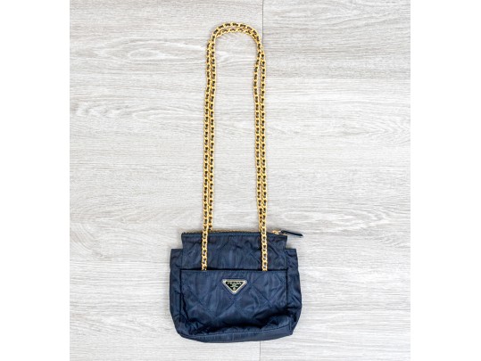 Prada Blue Quilted Shoulder Bag With Leather Chain Strap