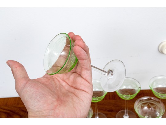 Set Of Seven Vintage Vaseline Green Glass Coupes