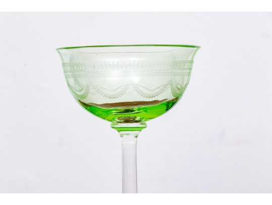 Set Of Seven Vintage Vaseline Green Glass Coupes