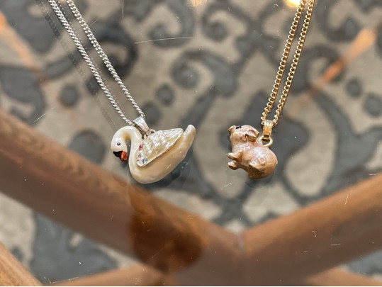 Arora Enameled Swan & Pig Form Boxes With Necklaces
