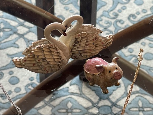 Arora Enameled Swan & Pig Form Boxes With Necklaces