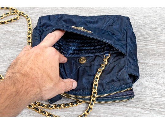 Prada Blue Quilted Shoulder Bag With Leather Chain Strap