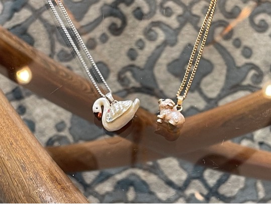 Arora Enameled Swan & Pig Form Boxes With Necklaces