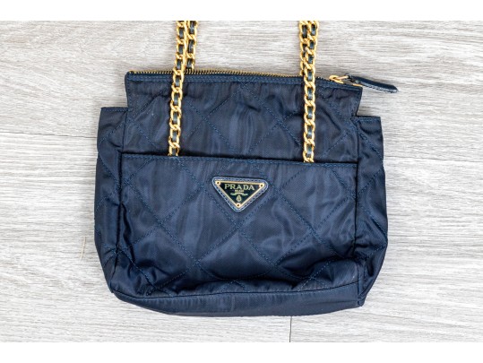 Prada Blue Quilted Shoulder Bag With Leather Chain Strap