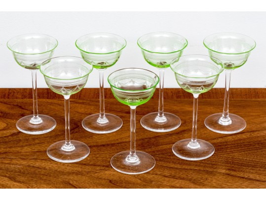 Set Of Seven Vintage Vaseline Green Glass Coupes
