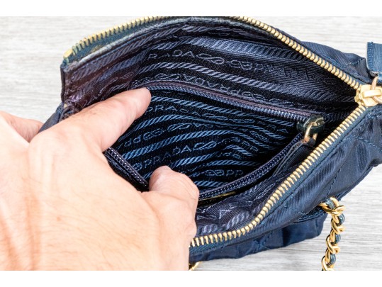 Prada Blue Quilted Shoulder Bag With Leather Chain Strap