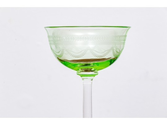 Set Of Seven Vintage Vaseline Green Glass Coupes