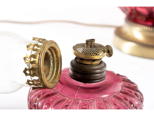 Cranberry Glass Table Lamp And Oil Lamps