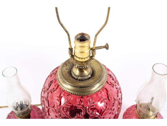 Cranberry Glass Table Lamp And Oil Lamps