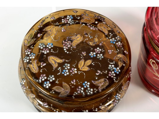 Hand-Decorated Cranberry, Amber, And Green Glass Vessels