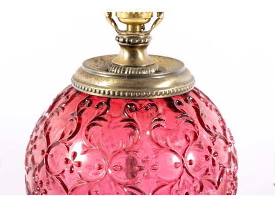 Cranberry Glass Table Lamp And Oil Lamps