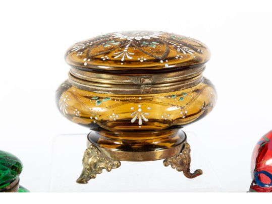 Hand-Decorated Cranberry, Amber, And Green Glass Vessels