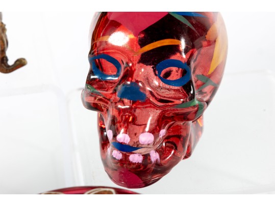 Hand-Decorated Cranberry, Amber, And Green Glass Vessels