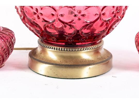 Cranberry Glass Table Lamp And Oil Lamps