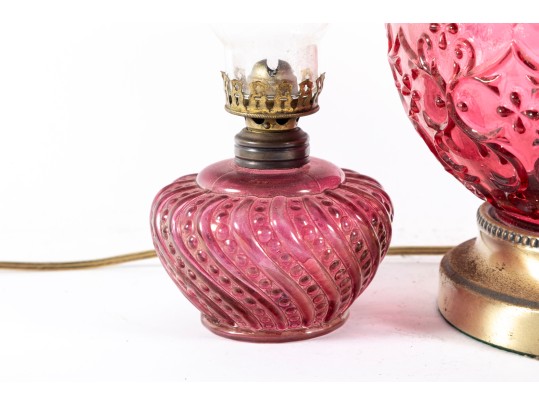 Cranberry Glass Table Lamp And Oil Lamps