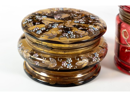 Hand-Decorated Cranberry, Amber, And Green Glass Vessels