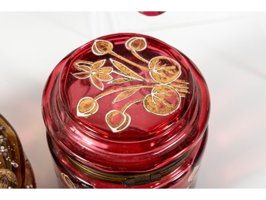 Hand-Decorated Cranberry, Amber, And Green Glass Vessels