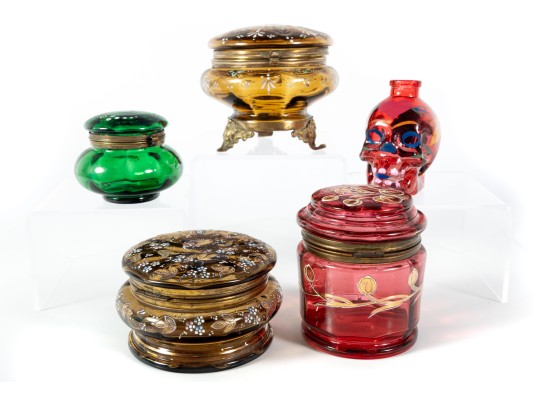 Hand-Decorated Cranberry, Amber, And Green Glass Vessels
