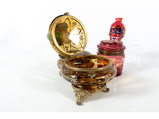 Hand-Decorated Cranberry, Amber, And Green Glass Vessels