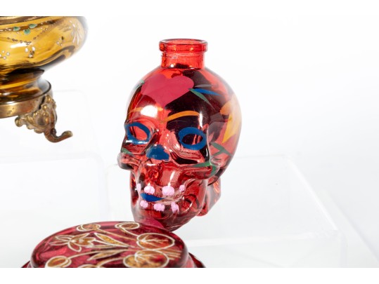 Hand-Decorated Cranberry, Amber, And Green Glass Vessels