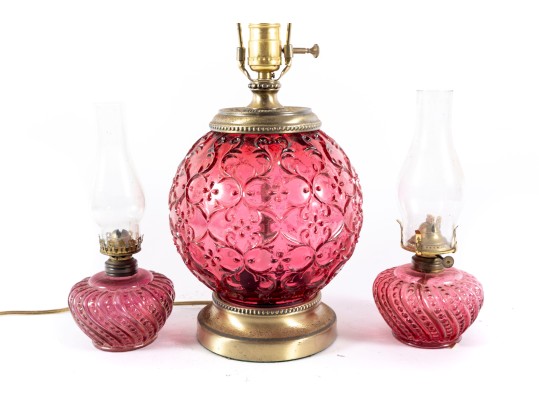Cranberry Glass Table Lamp And Oil Lamps